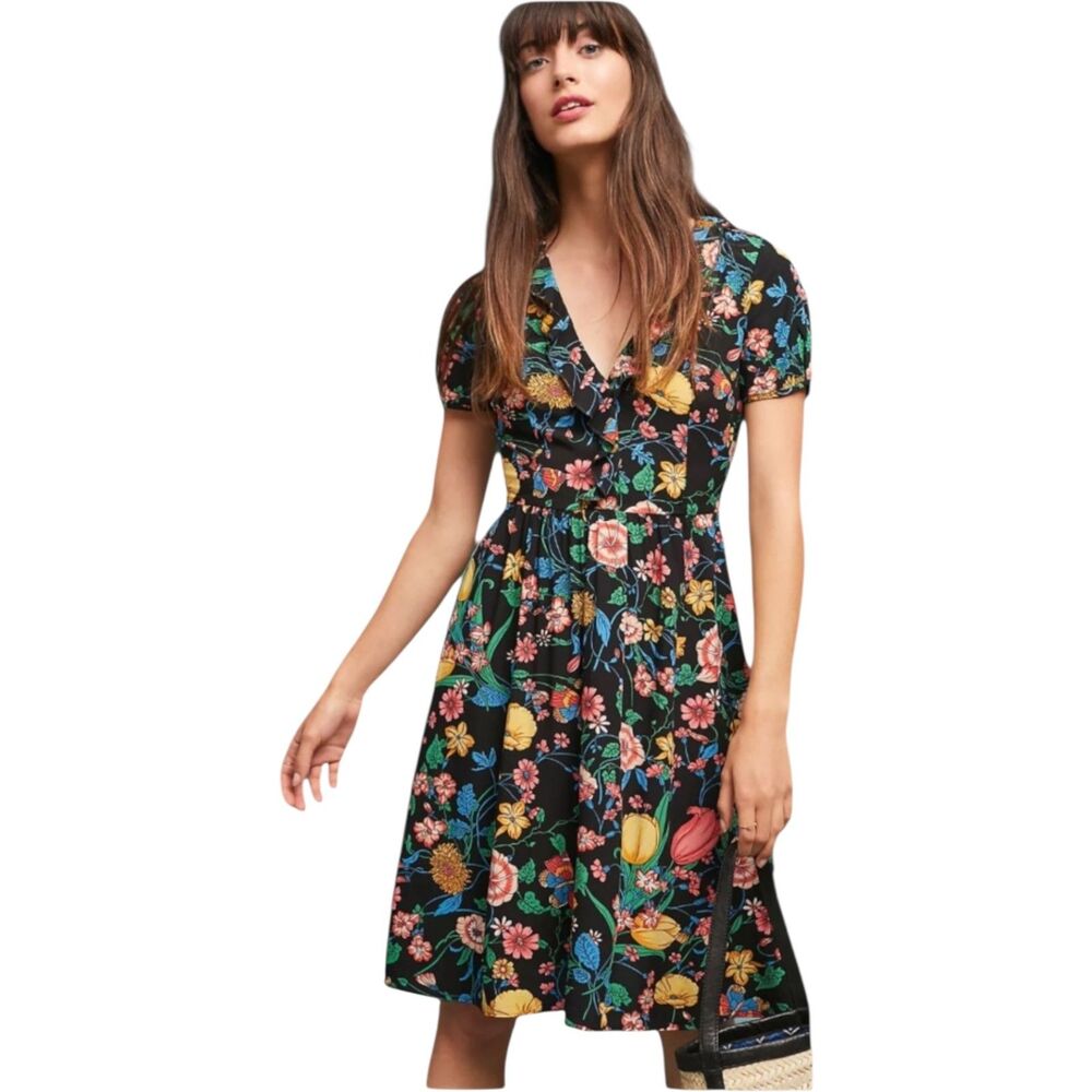 Anthropologie Bloedel Maeve Black Floral Dress Women’s 2 Pockets Ruffle